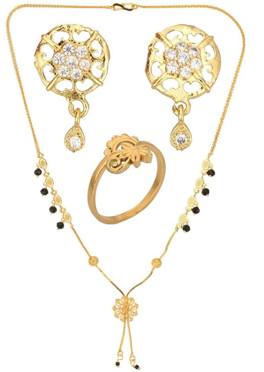 AanyaCentric Gold-Polished Jewelry Combo: Elegant Short Mangalsutra, Finger Ring, and American Diamond Earrings Set