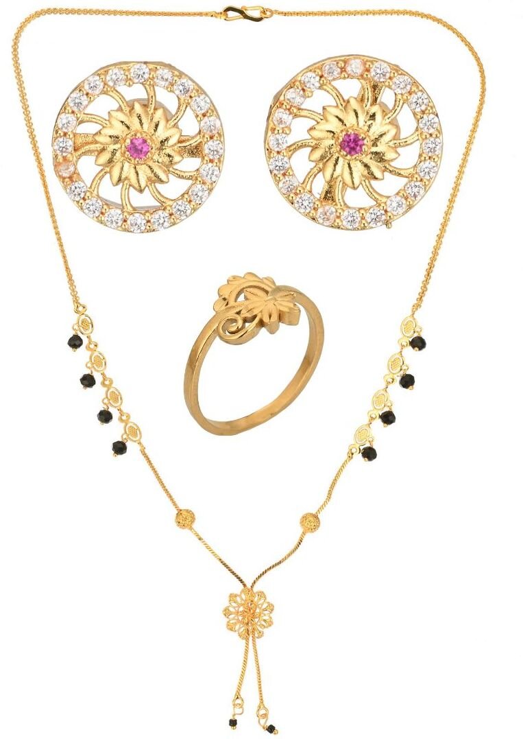 AanyaCentric Gold-Polished Jewelry Combo: Elegant Short Mangalsutra, Finger Ring, and American Diamond Earrings Set