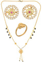 AanyaCentric Gold-Polished Jewelry Combo: Elegant Short Mangalsutra, Finger Ring, and American Diamond Earrings Set