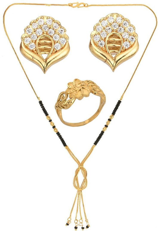 AanyaCentric Gold-Polished Jewelry Combo: Elegant Short Mangalsutra, Finger Ring, and American Diamond Earrings Set