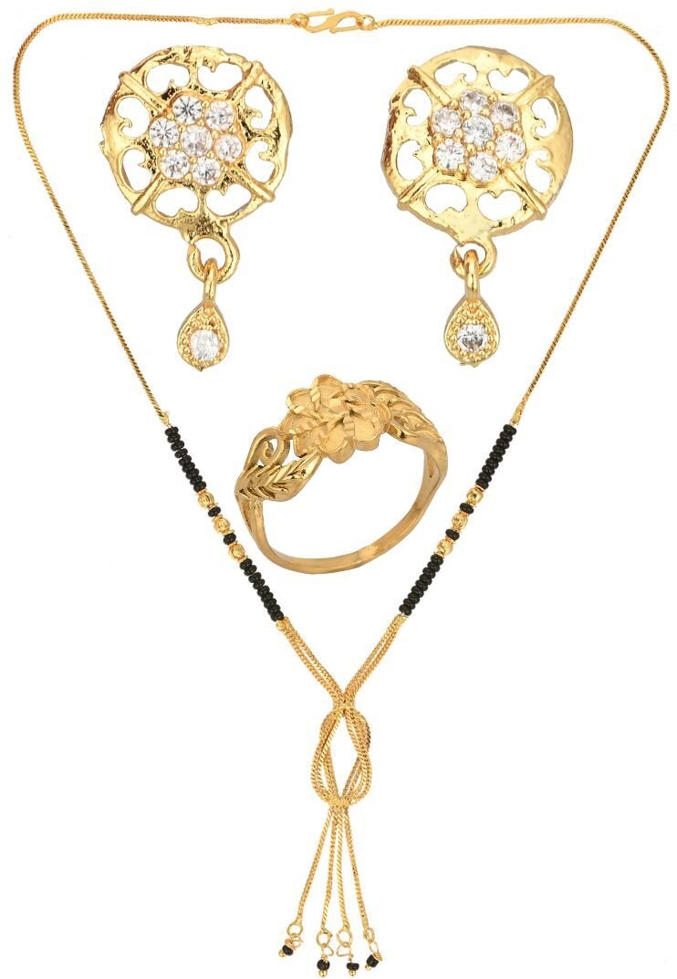 AanyaCentric Gold-Polished Jewelry Combo: Elegant Short Mangalsutra, Finger Ring, and American Diamond Earrings Set