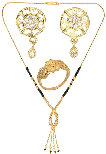 AanyaCentric Gold-Polished Jewelry Combo: Elegant Short Mangalsutra, Finger Ring, and American Diamond Earrings Set