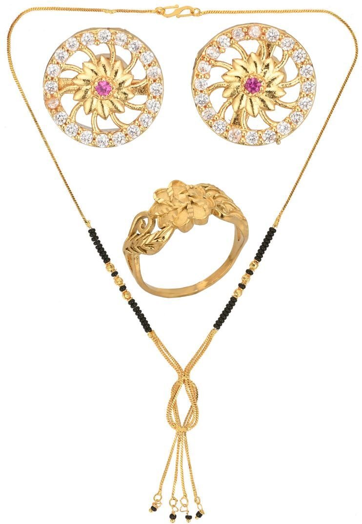 AanyaCentric Gold-Polished Jewelry Combo: Elegant Short Mangalsutra, Finger Ring, and American Diamond Earrings Set