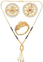 AanyaCentric Gold-Polished Jewelry Combo: Elegant Short Mangalsutra, Finger Ring, and American Diamond Earrings Set