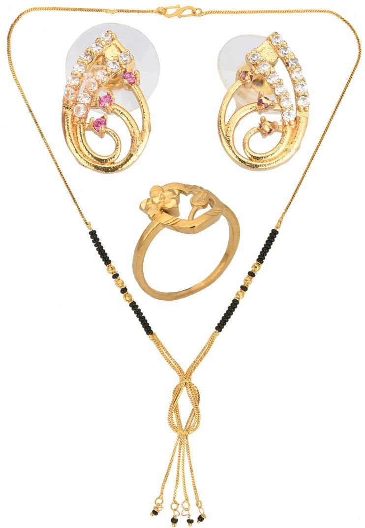 AanyaCentric Gold-Polished Jewelry Combo: Elegant Short Mangalsutra, Finger Ring, and American Diamond Earrings Set