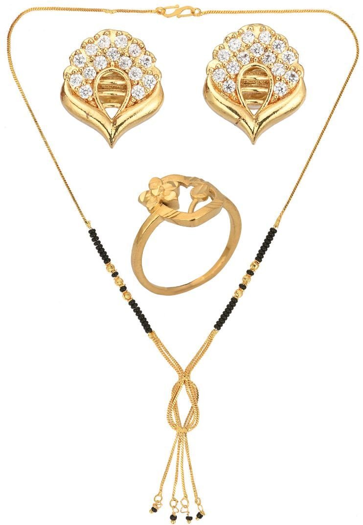 AanyaCentric Gold-Polished Jewelry Combo: Elegant Short Mangalsutra, Finger Ring, and American Diamond Earrings Set