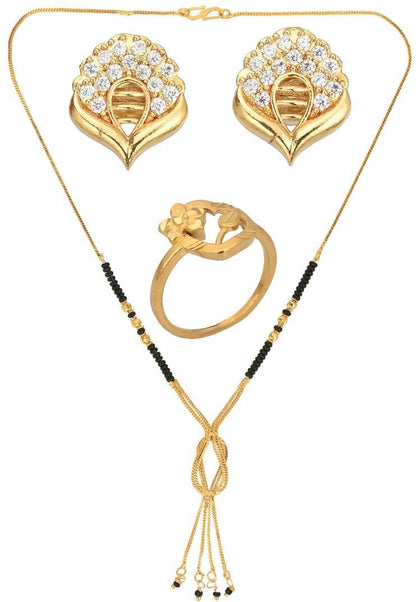 AanyaCentric Gold-Polished Jewelry Combo: Elegant Short Mangalsutra, Finger Ring, and American Diamond Earrings Set