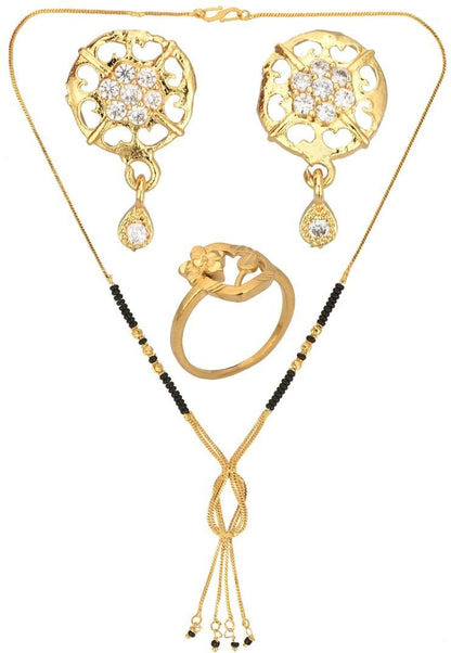 AanyaCentric Gold-Polished Jewelry Combo: Elegant Short Mangalsutra, Finger Ring, and American Diamond Earrings Set
