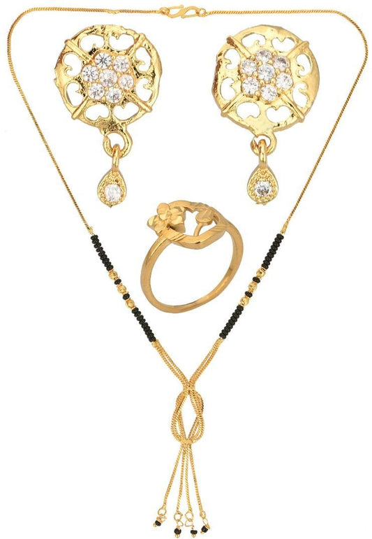 AanyaCentric Gold-Polished Jewelry Combo: Elegant Short Mangalsutra, Finger Ring, and American Diamond Earrings Set
