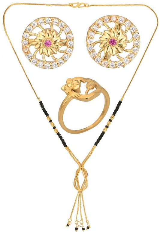 AanyaCentric Gold-Polished Jewelry Combo: Elegant Short Mangalsutra, Finger Ring, and American Diamond Earrings Set