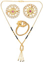 AanyaCentric Gold-Polished Jewelry Combo: Elegant Short Mangalsutra, Finger Ring, and American Diamond Earrings Set