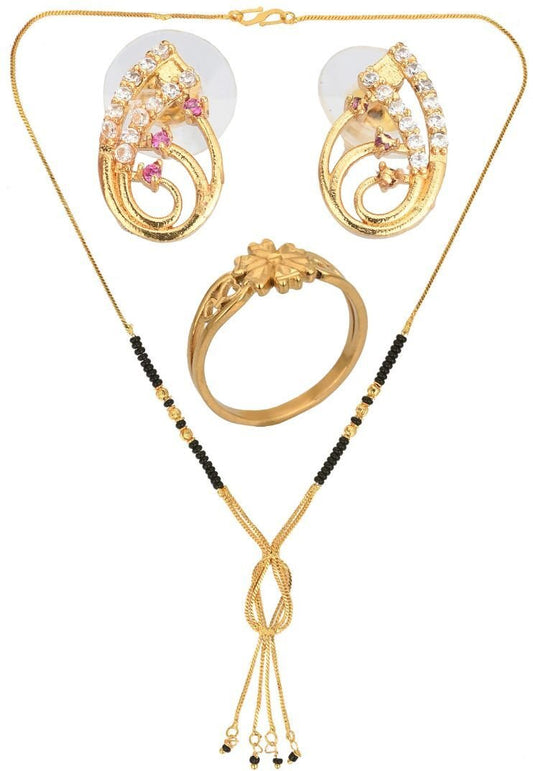 AanyaCentric Gold-Polished Jewelry Combo: Elegant Short Mangalsutra, Finger Ring, and American Diamond Earrings Set