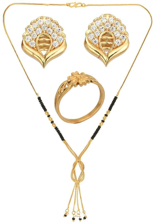 AanyaCentric Gold-Polished Jewelry Combo: Elegant Short Mangalsutra, Finger Ring, and American Diamond Earrings Set