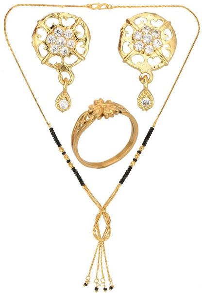 AanyaCentric Gold-Polished Jewelry Combo: Elegant Short Mangalsutra, Finger Ring, and American Diamond Earrings Set