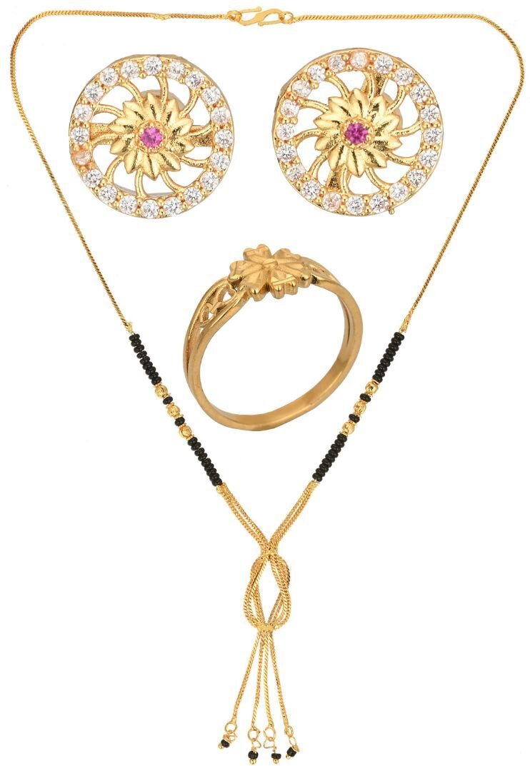 AanyaCentric Gold-Polished Jewelry Combo: Elegant Short Mangalsutra, Finger Ring, and American Diamond Earrings Set