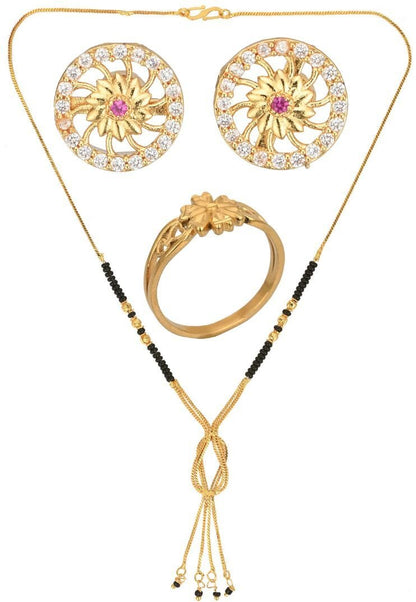 AanyaCentric Gold-Polished Jewelry Combo: Elegant Short Mangalsutra, Finger Ring, and American Diamond Earrings Set