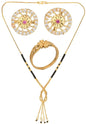 AanyaCentric Gold-Polished Jewelry Combo: Elegant Short Mangalsutra, Finger Ring, and American Diamond Earrings Set