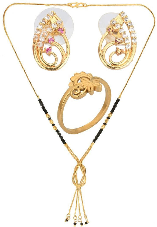 AanyaCentric Gold-Polished Jewelry Combo: Elegant Short Mangalsutra, Finger Ring, and American Diamond Earrings Set