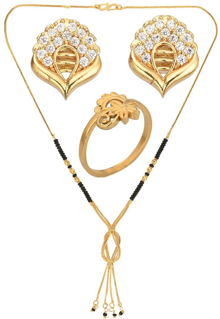 AanyaCentric Gold-Polished Jewelry Combo: Elegant Short Mangalsutra, Finger Ring, and American Diamond Earrings Set