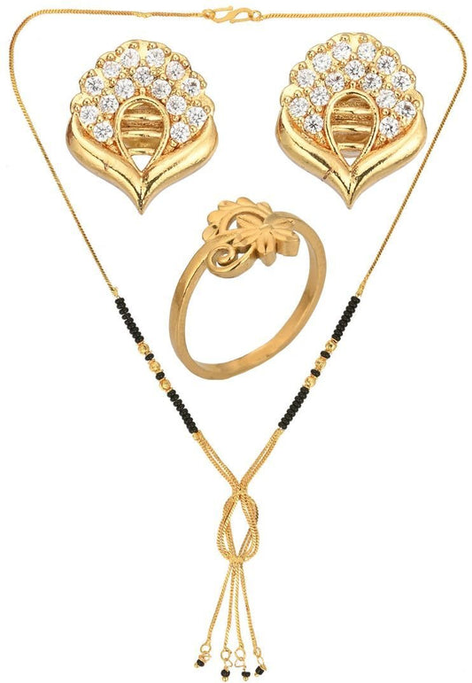 AanyaCentric Gold-Polished Jewelry Combo: Elegant Short Mangalsutra, Finger Ring, and American Diamond Earrings Set