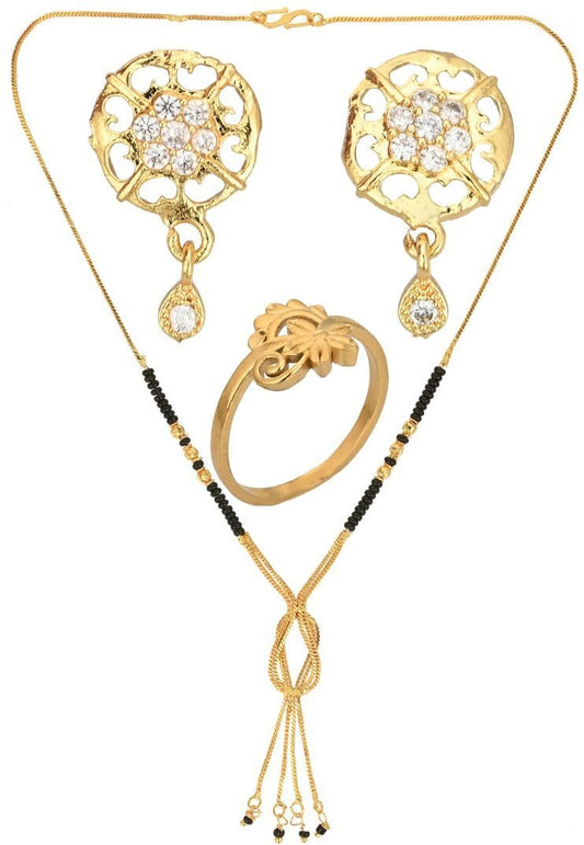 AanyaCentric Gold-Polished Jewelry Combo: Elegant Short Mangalsutra, Finger Ring, and American Diamond Earrings Set