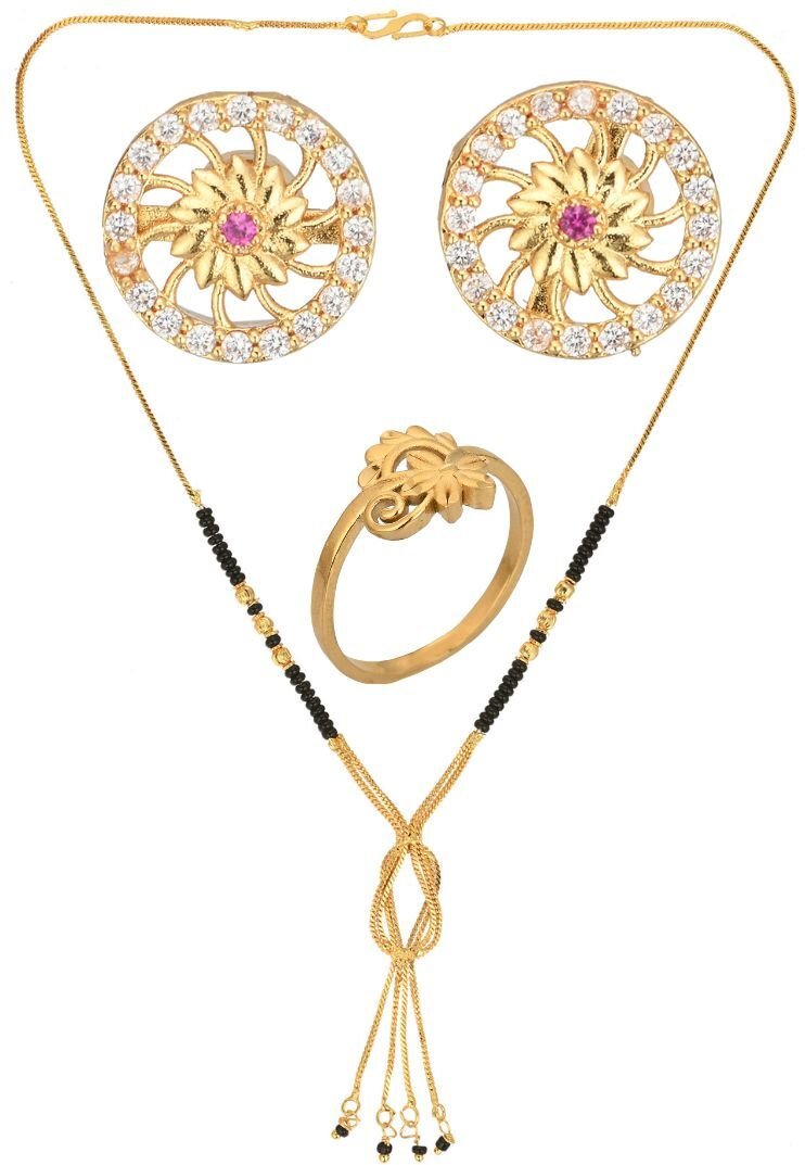 AanyaCentric Gold-Polished Jewelry Combo: Elegant Short Mangalsutra, Finger Ring, and American Diamond Earrings Set