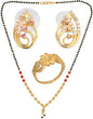 AanyaCentric Gold-Polished Jewelry Combo: Elegant Short Mangalsutra, Finger Ring, and American Diamond Earrings Set