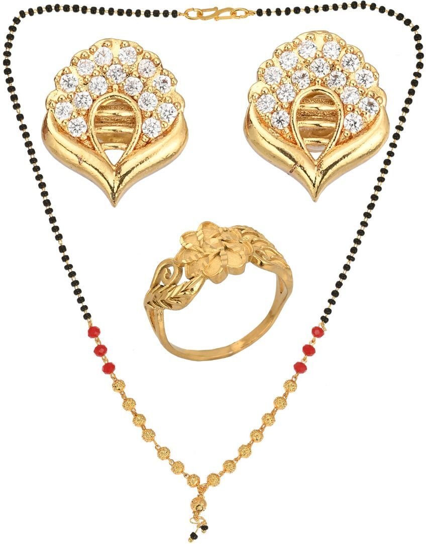 AanyaCentric Gold-Polished Jewelry Combo: Elegant Short Mangalsutra, Finger Ring, and American Diamond Earrings Set