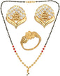 AanyaCentric Gold-Polished Jewelry Combo: Elegant Short Mangalsutra, Finger Ring, and American Diamond Earrings Set