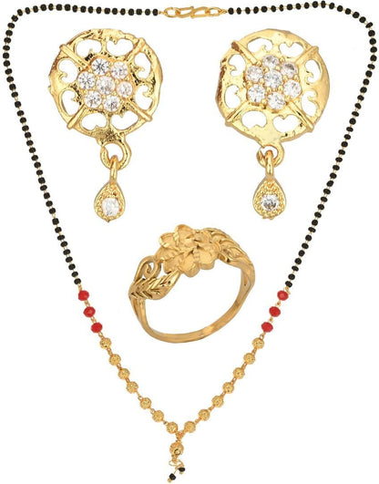 AanyaCentric Gold-Polished Jewelry Combo: Elegant Short Mangalsutra, Finger Ring, and American Diamond Earrings Set
