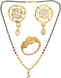 AanyaCentric Gold-Polished Jewelry Combo: Elegant Short Mangalsutra, Finger Ring, and American Diamond Earrings Set