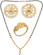 AanyaCentric Gold-Polished Jewelry Combo: Elegant Short Mangalsutra, Finger Ring, and American Diamond Earrings Set