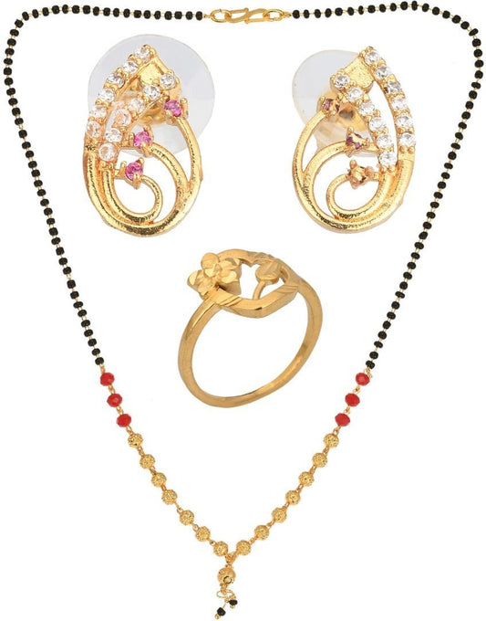 AanyaCentric Gold-Polished Jewelry Combo: Elegant Short Mangalsutra, Finger Ring, and American Diamond Earrings Set
