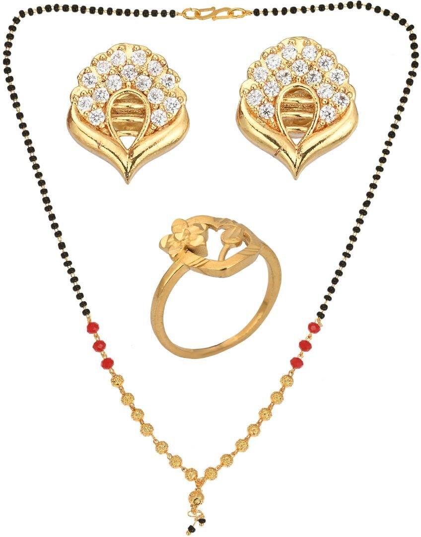 AanyaCentric Gold-Polished Jewelry Combo: Elegant Short Mangalsutra, Finger Ring, and American Diamond Earrings Set