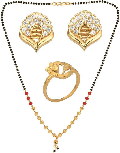 AanyaCentric Gold-Polished Jewelry Combo: Elegant Short Mangalsutra, Finger Ring, and American Diamond Earrings Set