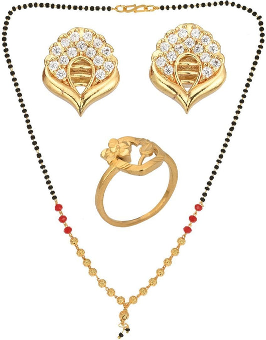AanyaCentric Gold-Polished Jewelry Combo: Elegant Short Mangalsutra, Finger Ring, and American Diamond Earrings Set