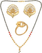 AanyaCentric Gold-Polished Jewelry Combo: Elegant Short Mangalsutra, Finger Ring, and American Diamond Earrings Set