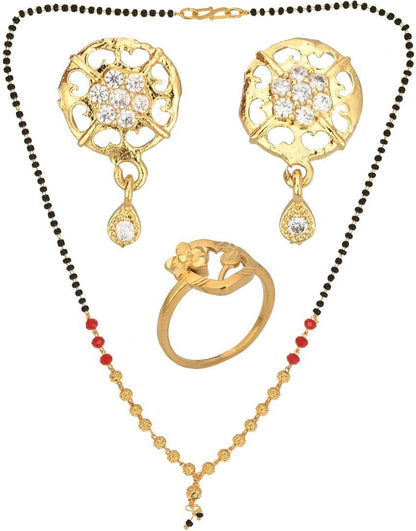 AanyaCentric Gold-Polished Jewelry Combo: Elegant Short Mangalsutra, Finger Ring, and American Diamond Earrings Set
