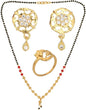 AanyaCentric Gold-Polished Jewelry Combo: Elegant Short Mangalsutra, Finger Ring, and American Diamond Earrings Set