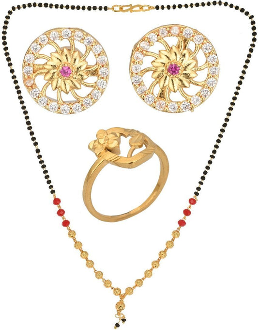 AanyaCentric Gold-Polished Jewelry Combo: Elegant Short Mangalsutra, Finger Ring, and American Diamond Earrings Set