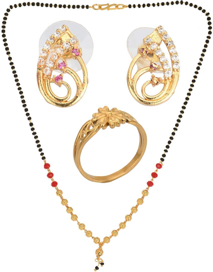 AanyaCentric Gold-Polished Jewelry Combo: Elegant Short Mangalsutra, Finger Ring, and American Diamond Earrings Set