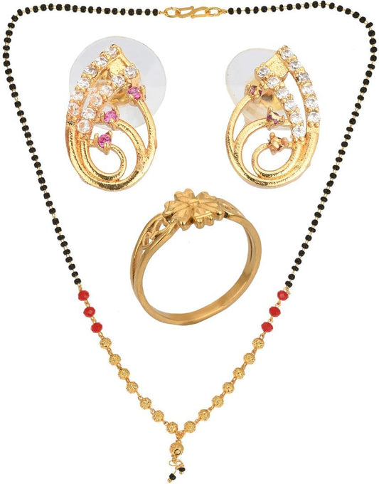 AanyaCentric Gold-Polished Jewelry Combo: Elegant Short Mangalsutra, Finger Ring, and American Diamond Earrings Set