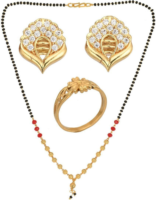 AanyaCentric Gold-Polished Jewelry Combo: Elegant Short Mangalsutra, Finger Ring, and American Diamond Earrings Set