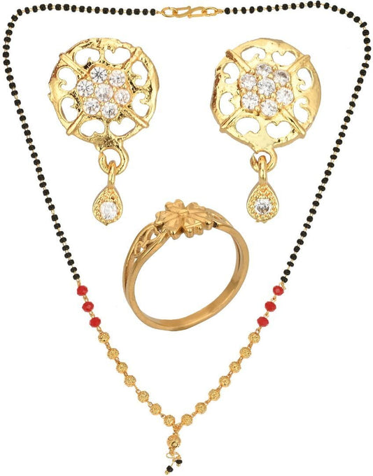 AanyaCentric Gold-Polished Jewelry Combo: Elegant Short Mangalsutra, Finger Ring, and American Diamond Earrings Set