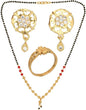 AanyaCentric Gold-Polished Jewelry Combo: Elegant Short Mangalsutra, Finger Ring, and American Diamond Earrings Set