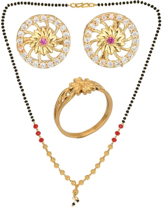 AanyaCentric Gold-Polished Jewelry Combo: Elegant Short Mangalsutra, Finger Ring, and American Diamond Earrings Set