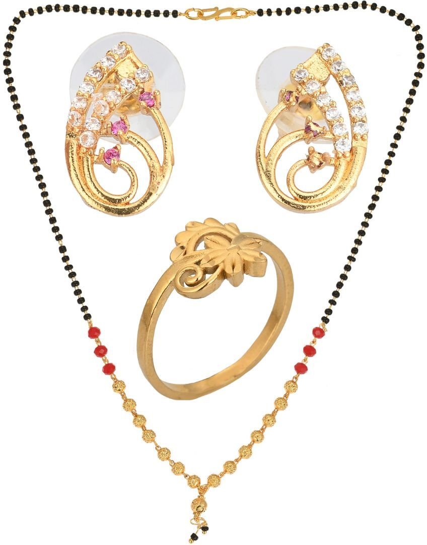 AanyaCentric Gold-Polished Jewelry Combo: Elegant Short Mangalsutra, Finger Ring, and American Diamond Earrings Set