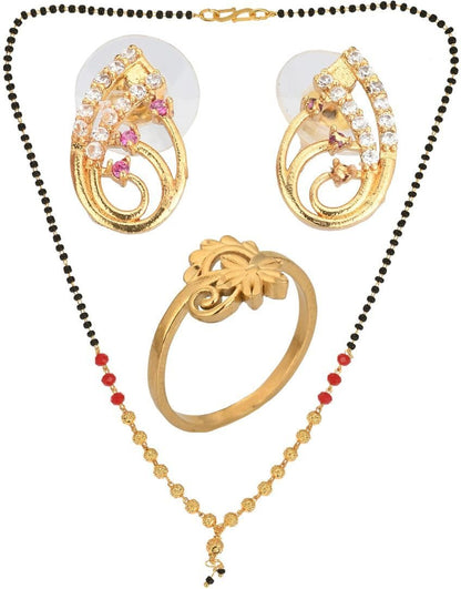 AanyaCentric Gold-Polished Jewelry Combo: Elegant Short Mangalsutra, Finger Ring, and American Diamond Earrings Set