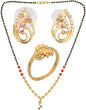 AanyaCentric Gold-Polished Jewelry Combo: Elegant Short Mangalsutra, Finger Ring, and American Diamond Earrings Set