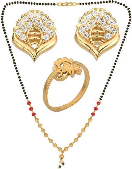 AanyaCentric Gold-Polished Jewelry Combo: Elegant Short Mangalsutra, Finger Ring, and American Diamond Earrings Set